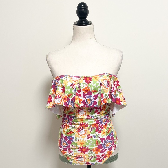 Shein Flounce Cold Shoulder One Piece Floral Bathing Suit NWOT Small Ruching - Picture 4 of 12